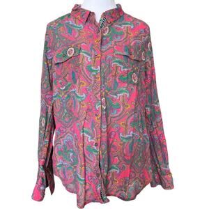Sundance Paisley Button Up Shirt Women M Boho Western Pink Green Cotton Top